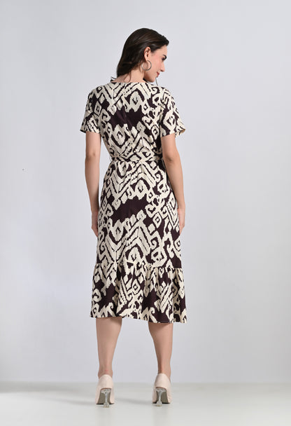 SMERA MART Women's V-Neck Ikat Print Midi Dress