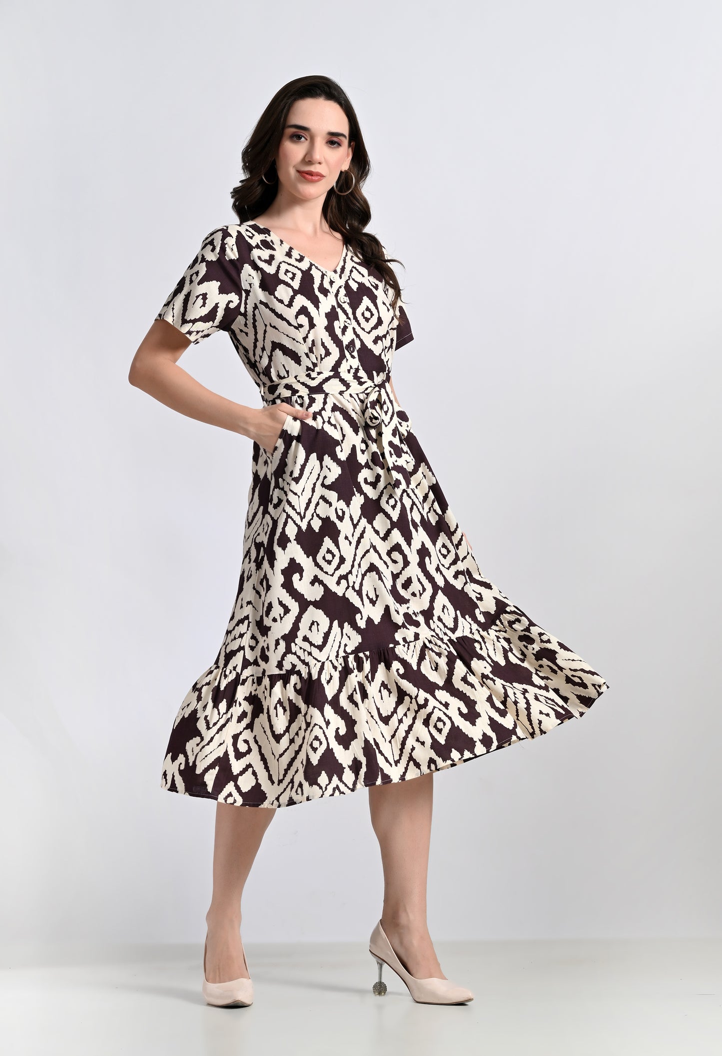 SMERA MART Women's V-Neck Ikat Print Midi Dress