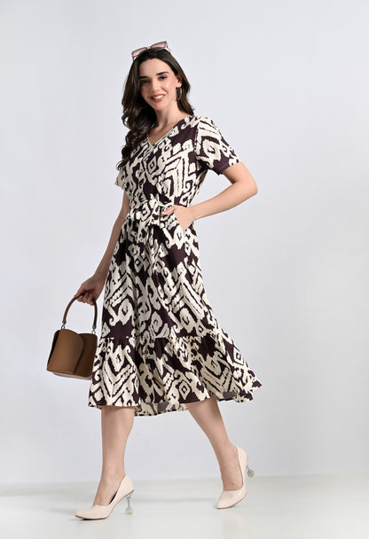 SMERA MART Women's V-Neck Ikat Print Midi Dress