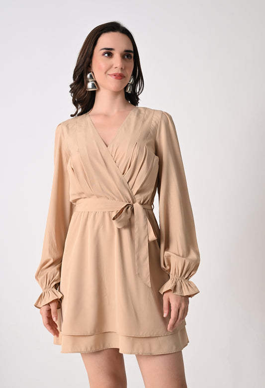 Women's Beige Georgette Balloon Sleeve Wrap Dress