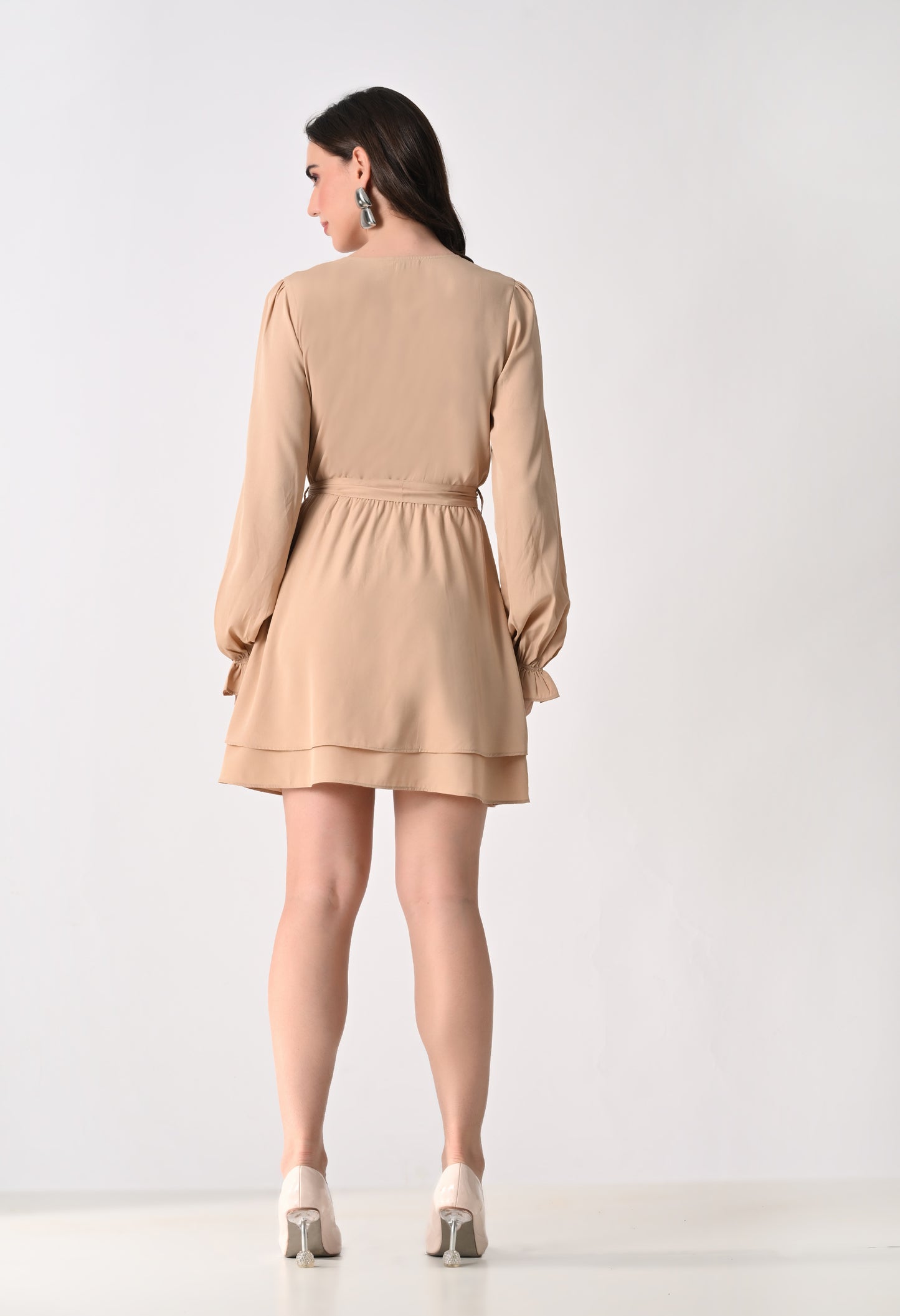 Women's Beige Georgette Balloon Sleeve Wrap Dress