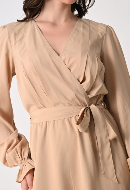 Women's Beige Georgette Balloon Sleeve Wrap Dress
