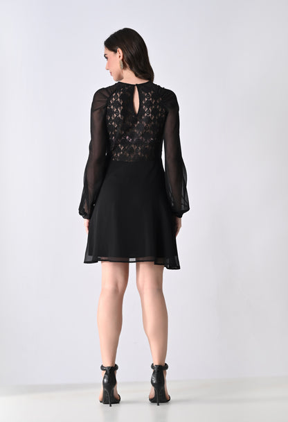 Women's Black Cocktail Dress with Lace Detail and Sheer Long Sleeves