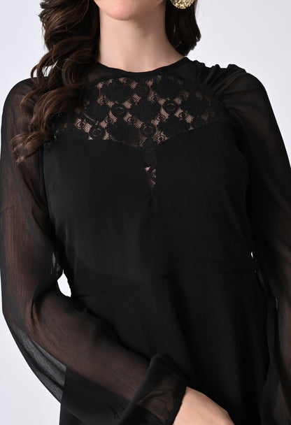 Women's Black Cocktail Dress with Lace Detail and Sheer Long Sleeves