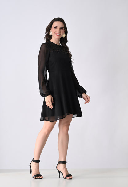 Women's Black Cocktail Dress with Lace Detail and Sheer Long Sleeves
