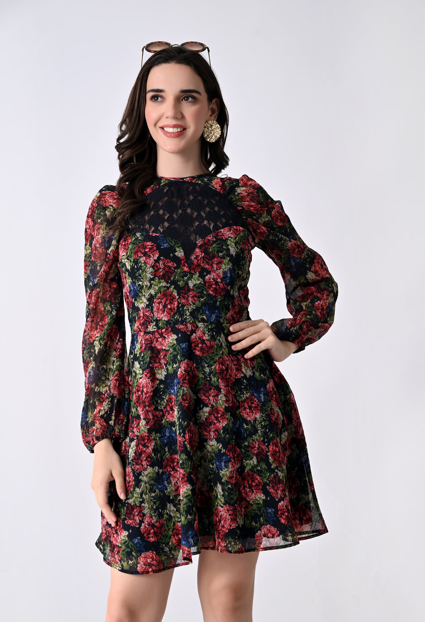 Women's Maroon Cocktail Dress with Lace Detail and Sheer Long Sleeves