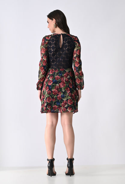 Women's Maroon Cocktail Dress with Lace Detail and Sheer Long Sleeves