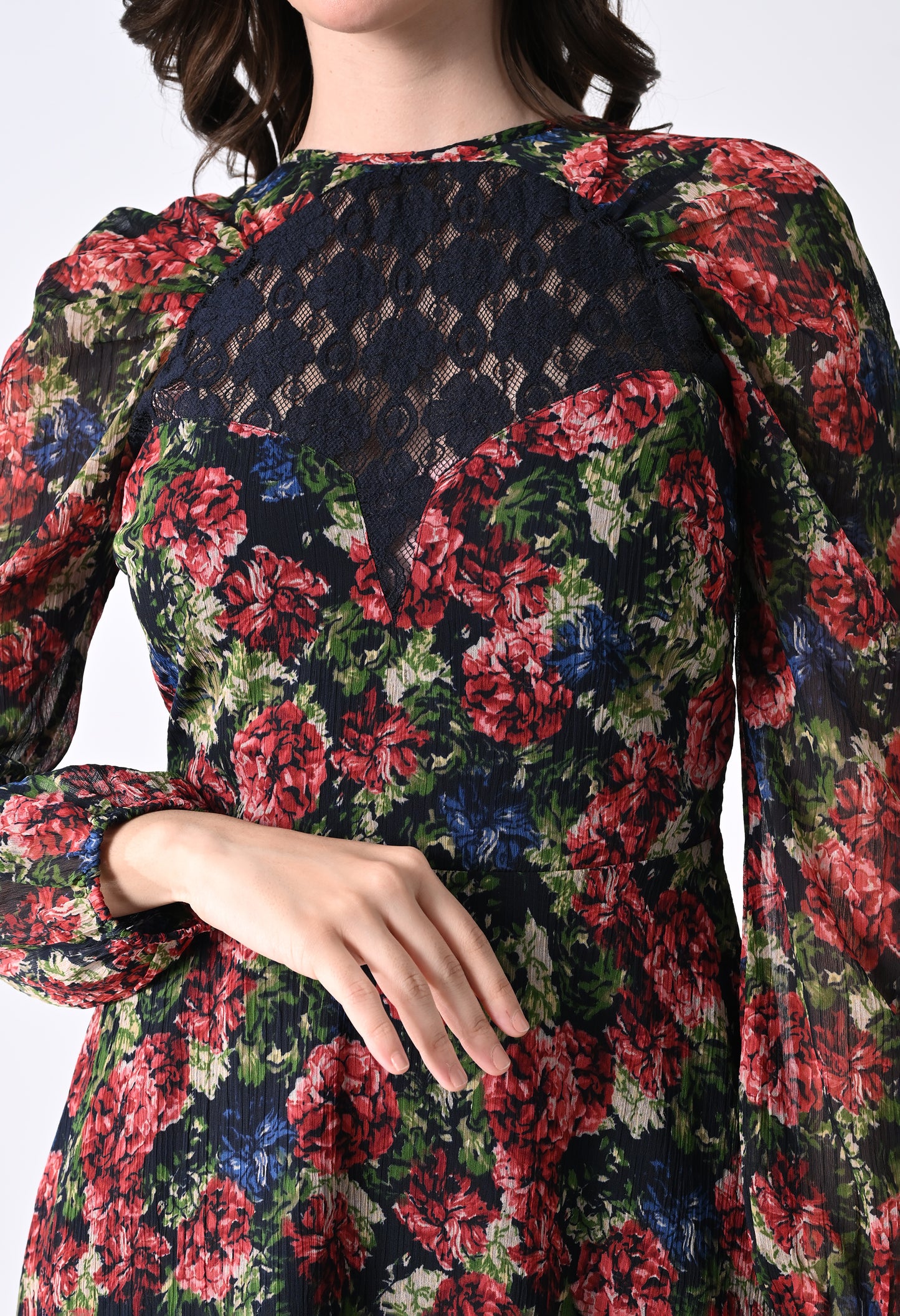 Women's Maroon Cocktail Dress with Lace Detail and Sheer Long Sleeves