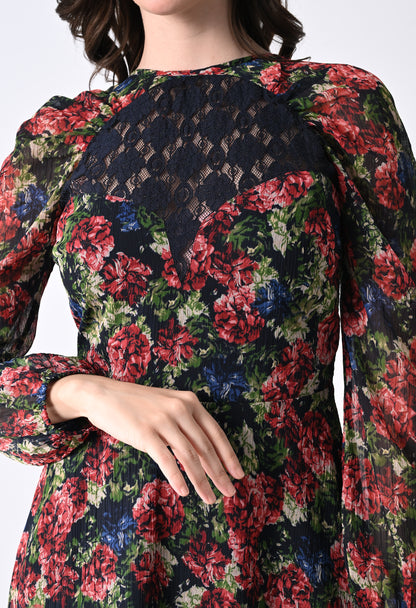 Women's Maroon Cocktail Dress with Lace Detail and Sheer Long Sleeves