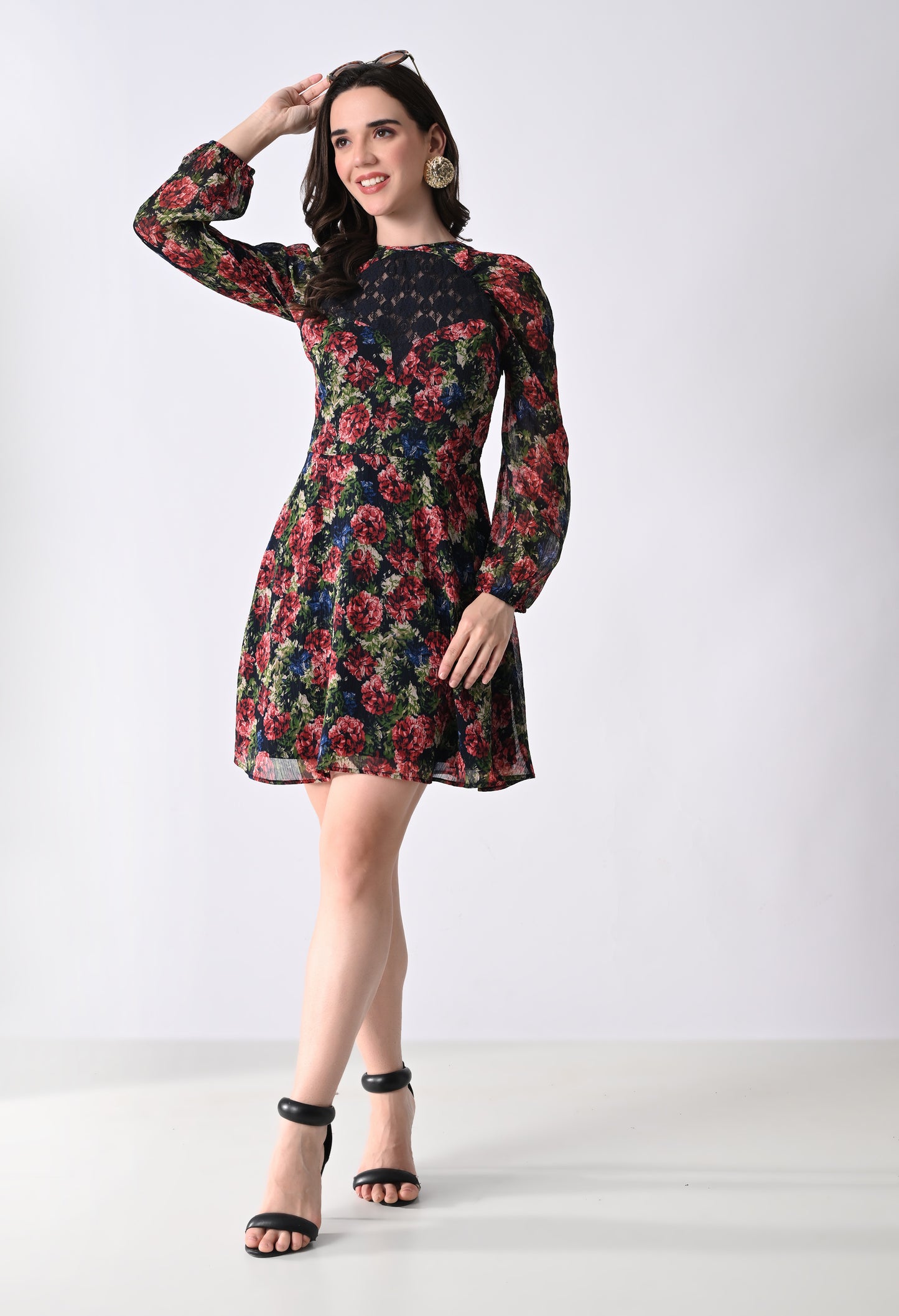 Women's Maroon Cocktail Dress with Lace Detail and Sheer Long Sleeves