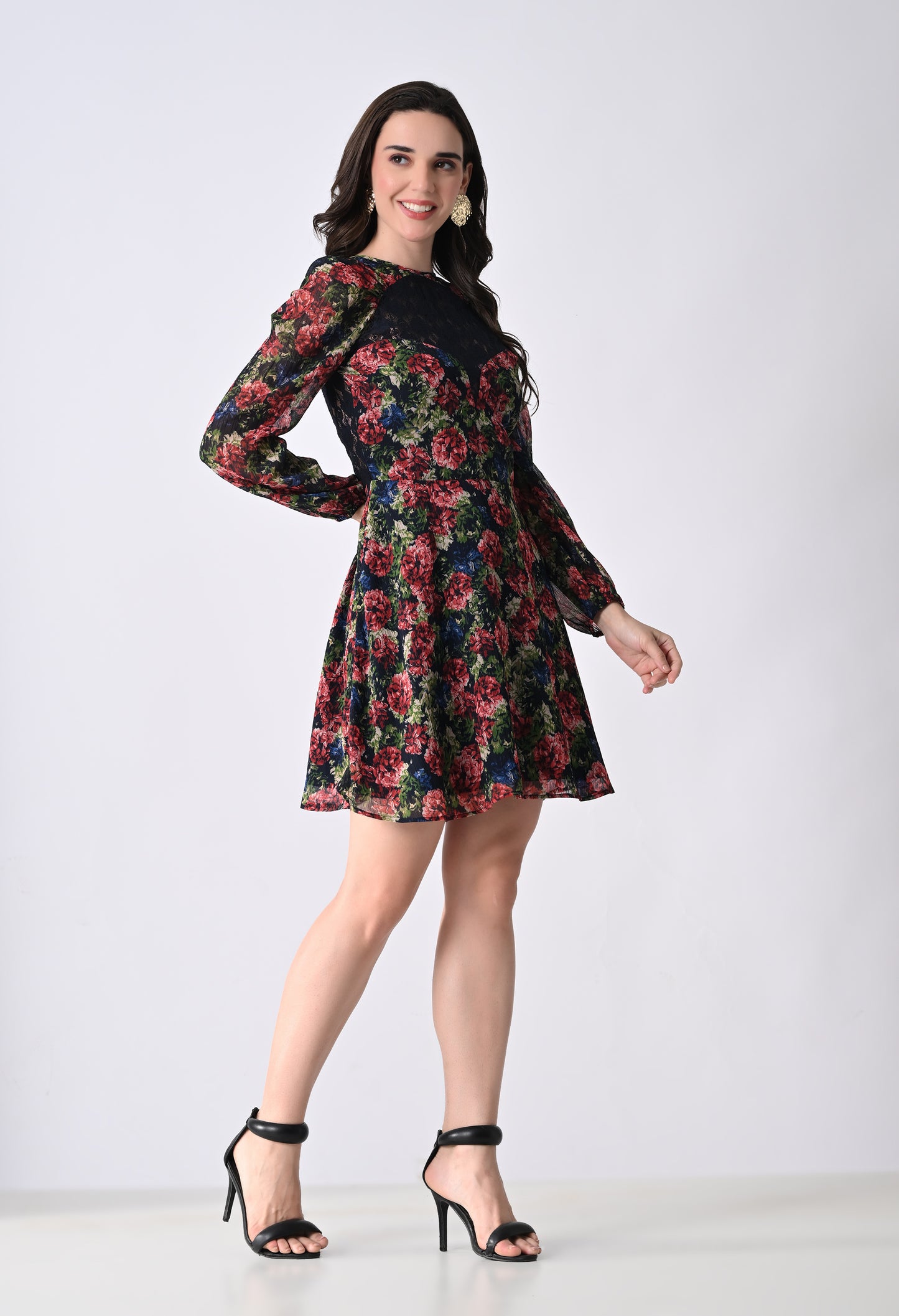 Women's Maroon Cocktail Dress with Lace Detail and Sheer Long Sleeves