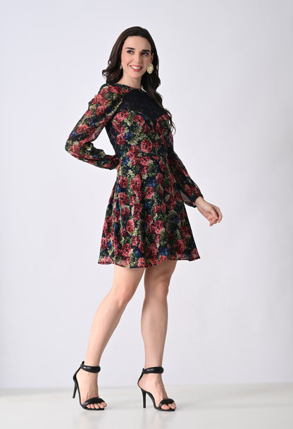 Women's Maroon Cocktail Dress with Lace Detail and Sheer Long Sleeves