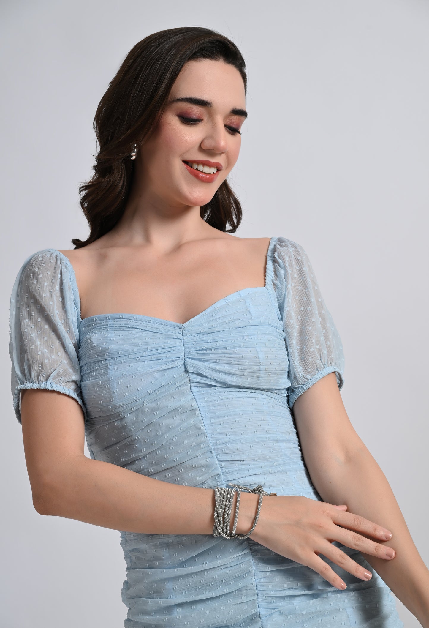 Women's Light Blue Swiss Dot Ruched Mini Dress with Puff Sleeves
