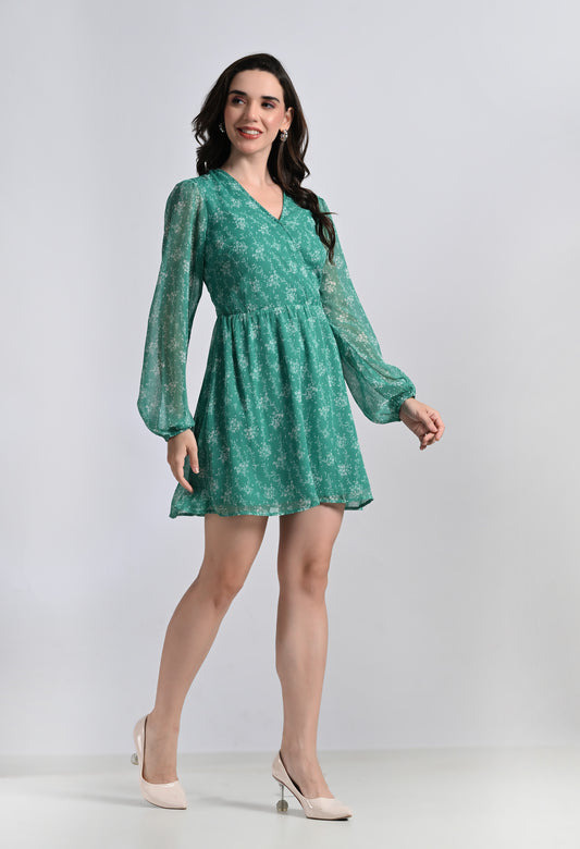 Women's Emerald Green Floral Mini Dress with Balloon Sleeves