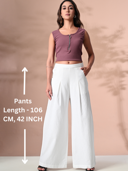 Women's Cotton Wide Leg Trouser Pants - White