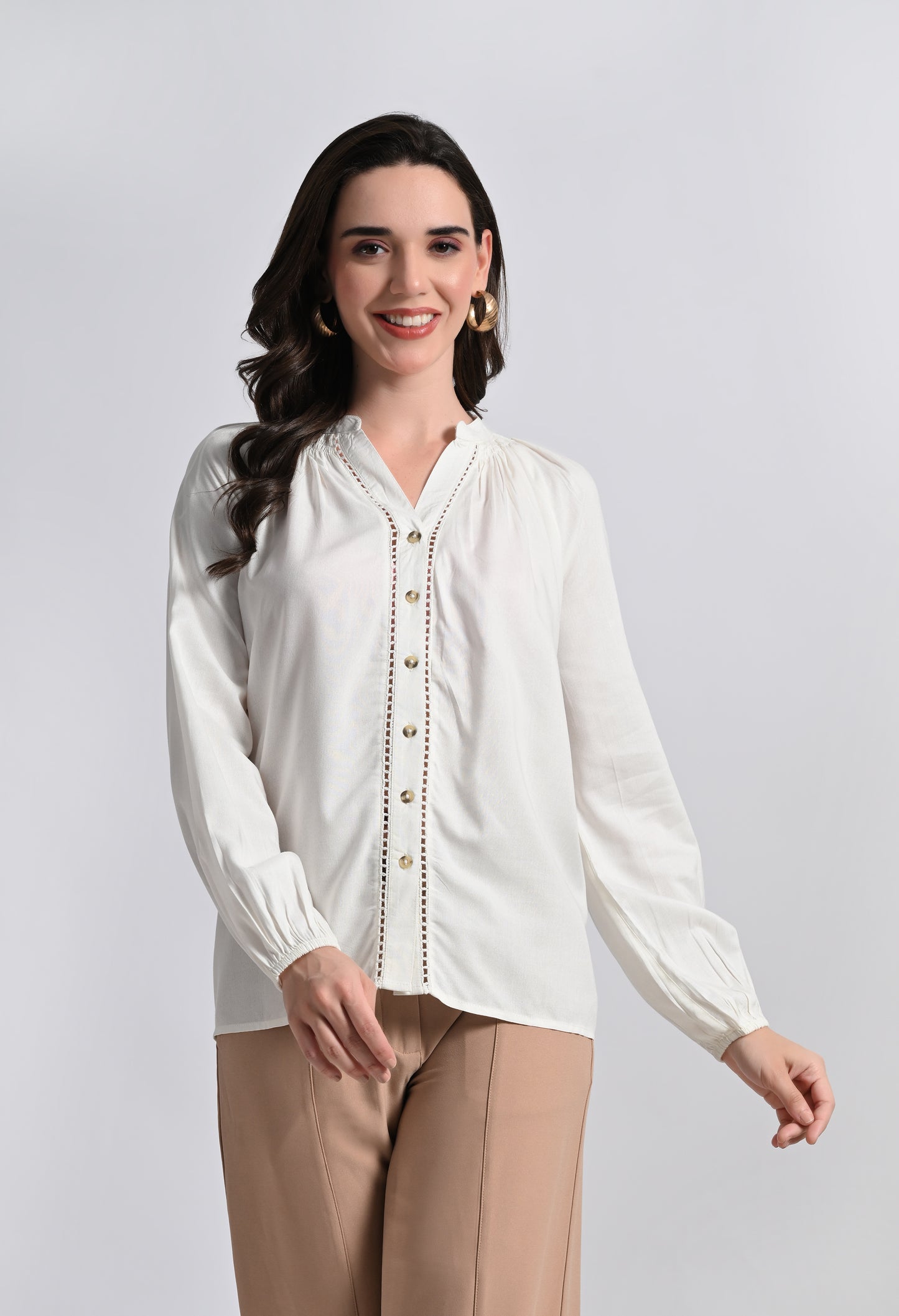 SMERA MART Women's Viscose Button-Down Long Sleeve Blouse Top - Off White