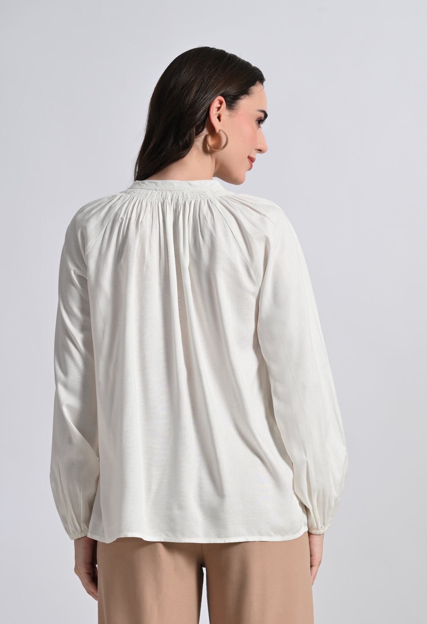 SMERA MART Women's Viscose Button-Down Long Sleeve Blouse Top - Off White