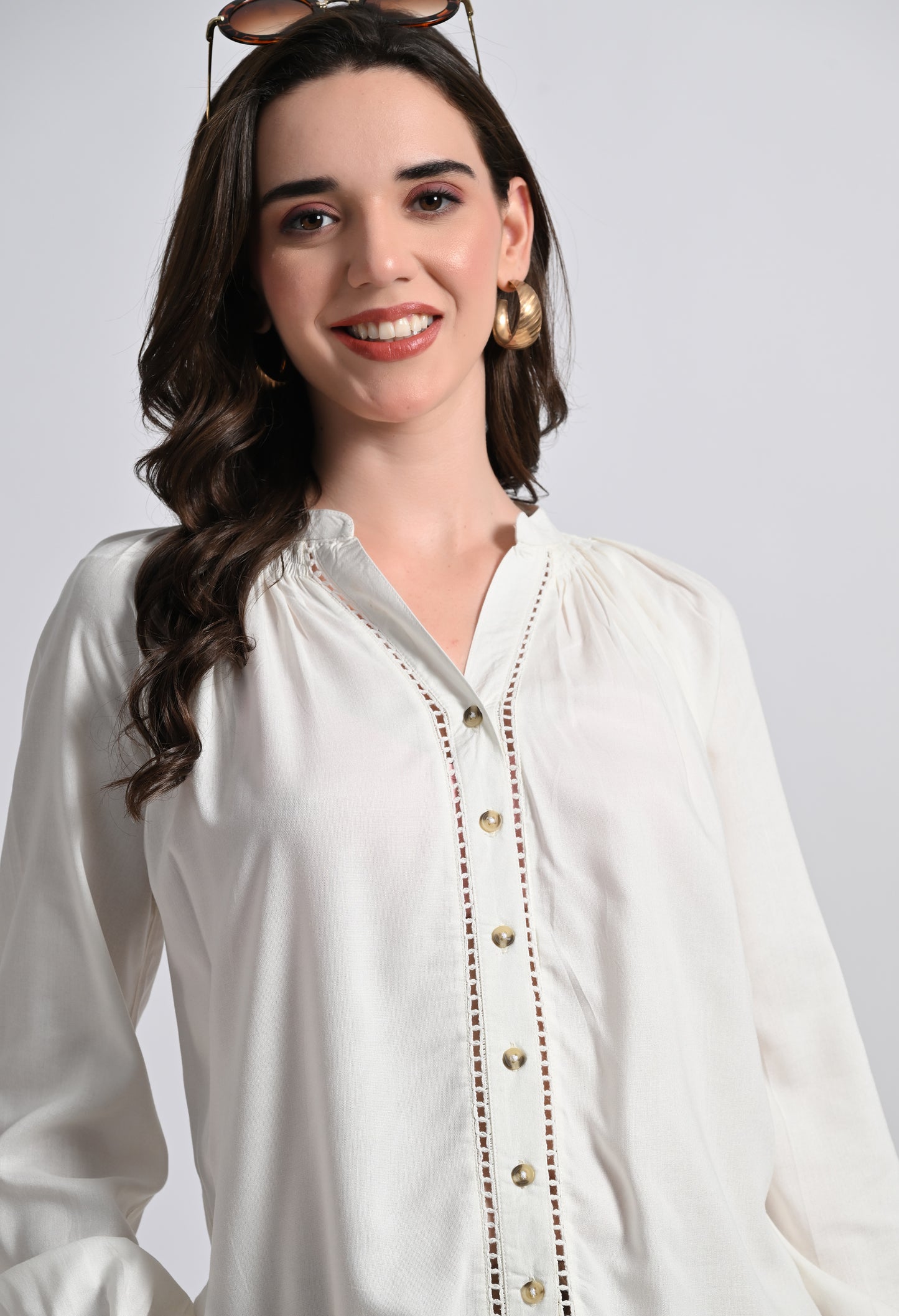 SMERA MART Women's Viscose Button-Down Long Sleeve Blouse Top - Off White