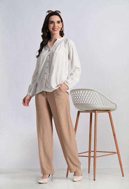 SMERA MART Women's Viscose Button-Down Long Sleeve Blouse Top - Off White