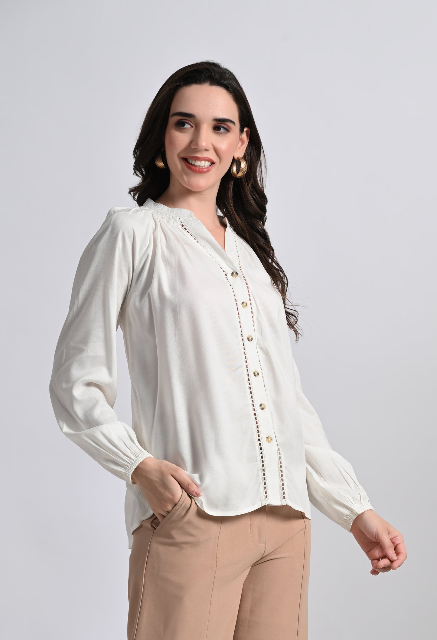 SMERA MART Women's Viscose Button-Down Long Sleeve Blouse Top - Off White