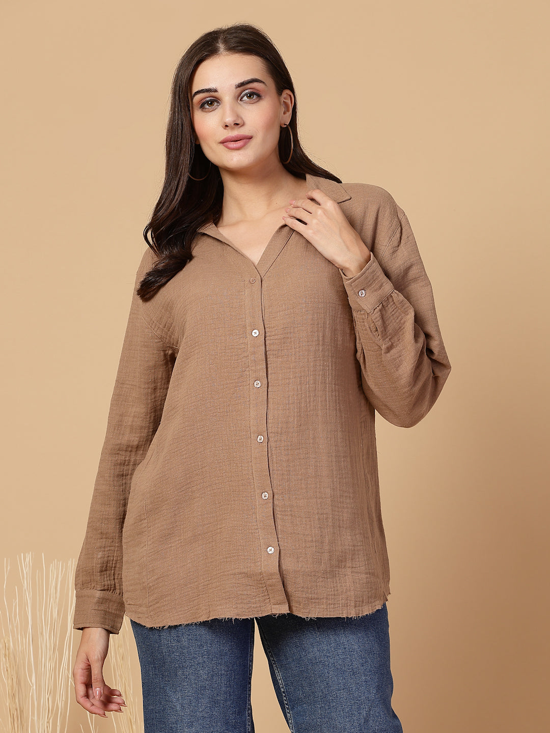 Women's Double Cloth Cotton Oversized Solid Casual Shirt for Women - Brown