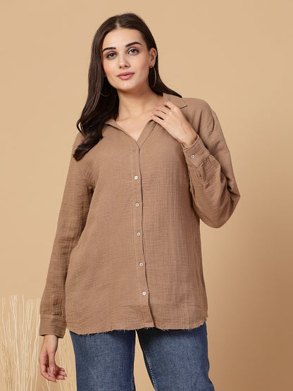 Women's Double Cloth Cotton Oversized Solid Casual Shirt for Women - Brown
