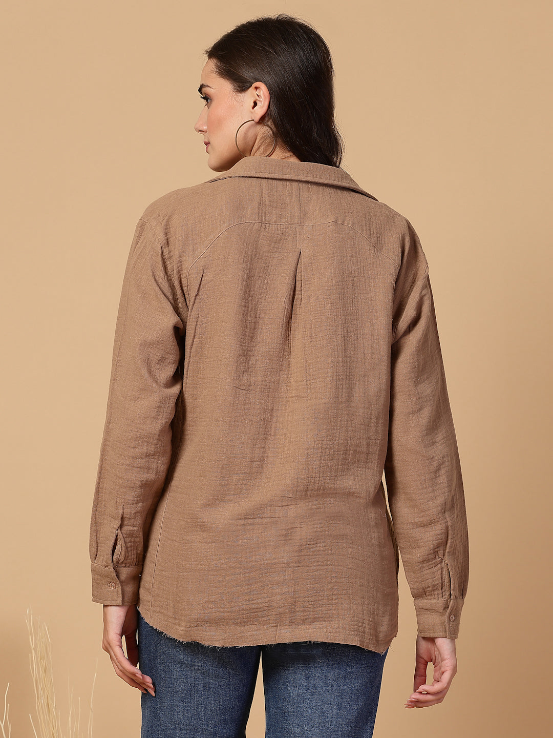 Women's Double Cloth Cotton Oversized Solid Casual Shirt for Women - Brown