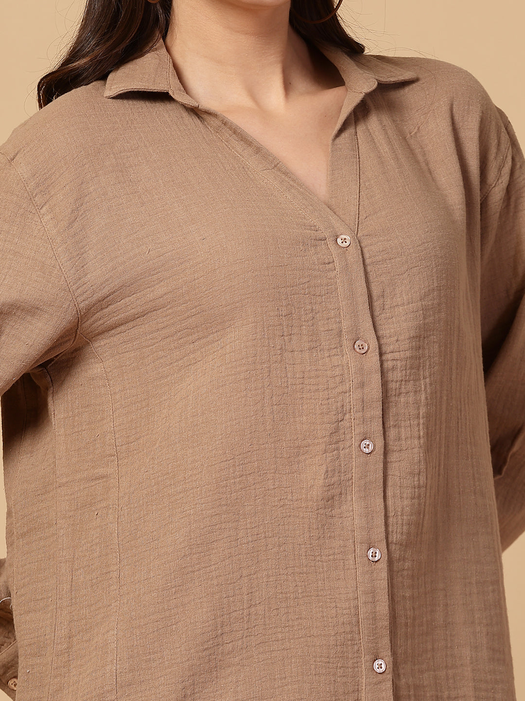 Women's Double Cloth Cotton Oversized Solid Casual Shirt for Women - Brown