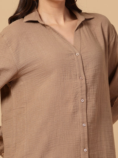Women's Double Cloth Cotton Oversized Solid Casual Shirt for Women - Brown