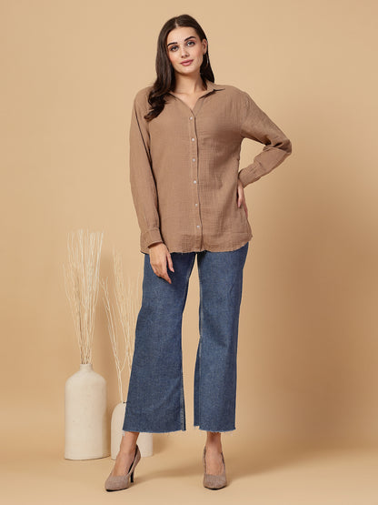 Women's Double Cloth Cotton Oversized Solid Casual Shirt for Women - Brown