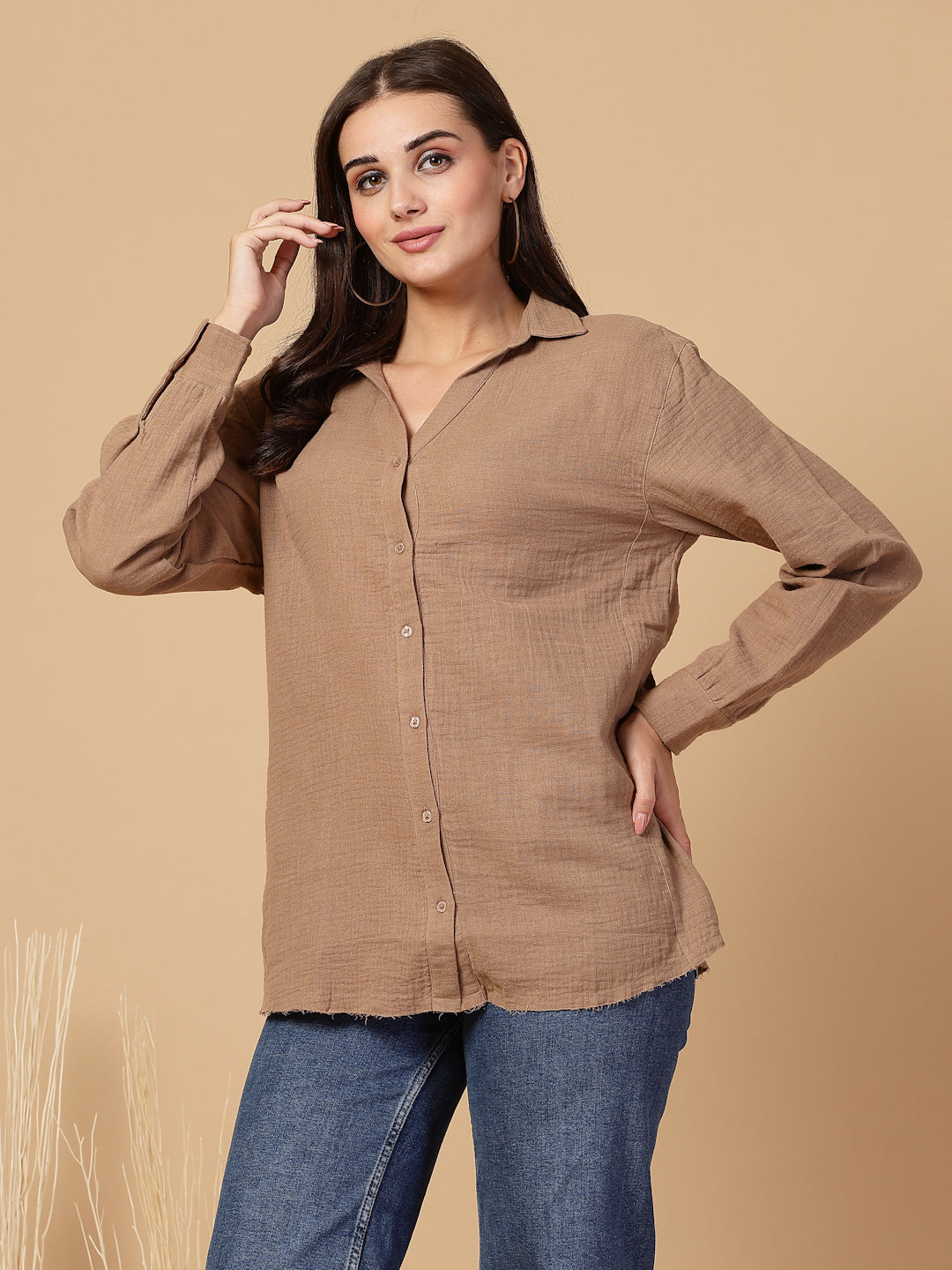 Women's Double Cloth Cotton Oversized Solid Casual Shirt for Women - Brown