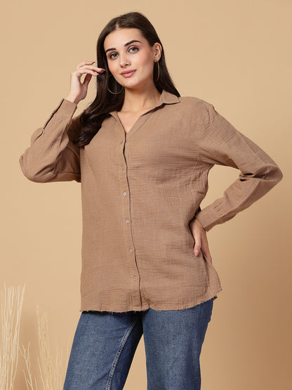 Women's Double Cloth Cotton Oversized Solid Casual Shirt for Women - Brown
