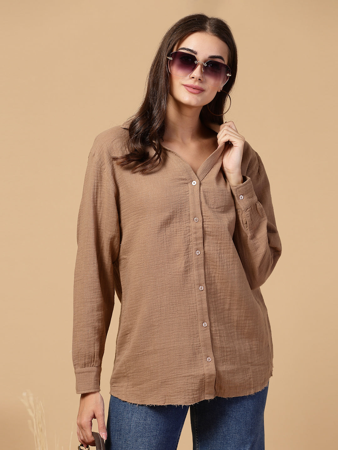 Women's Double Cloth Cotton Oversized Solid Casual Shirt for Women - Brown