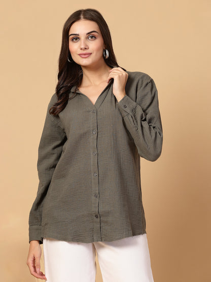 Women's Double Cloth Cotton Oversized Solid Casual Shirt for Women - Olive