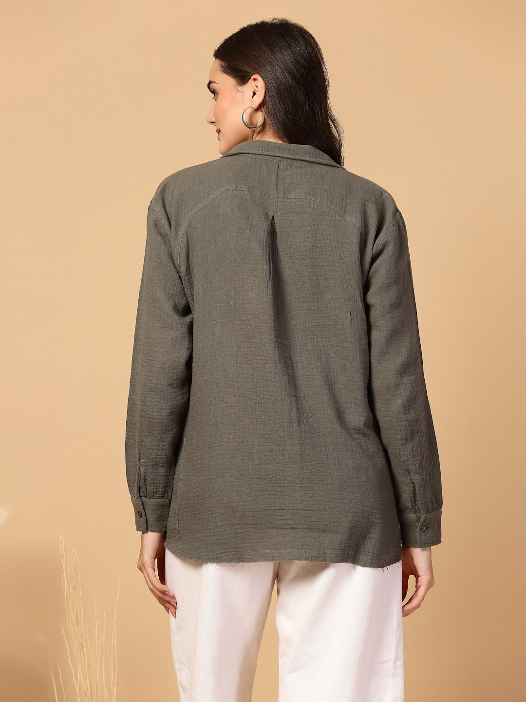 Women's Double Cloth Cotton Oversized Solid Casual Shirt for Women - Olive