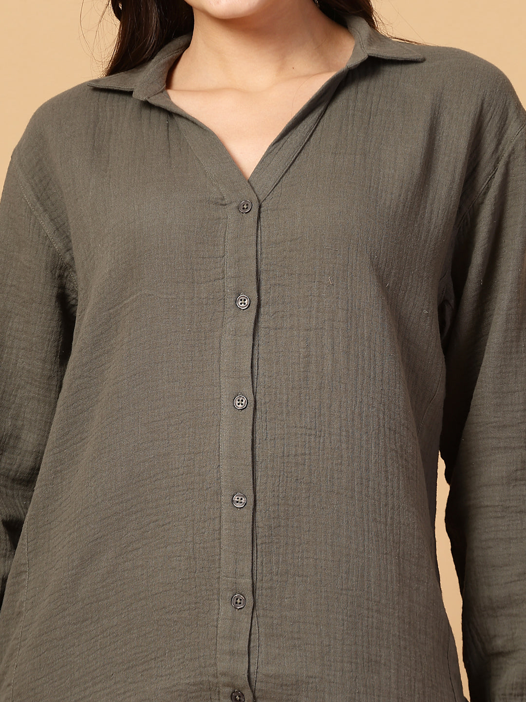 Women's Double Cloth Cotton Oversized Solid Casual Shirt for Women - Olive