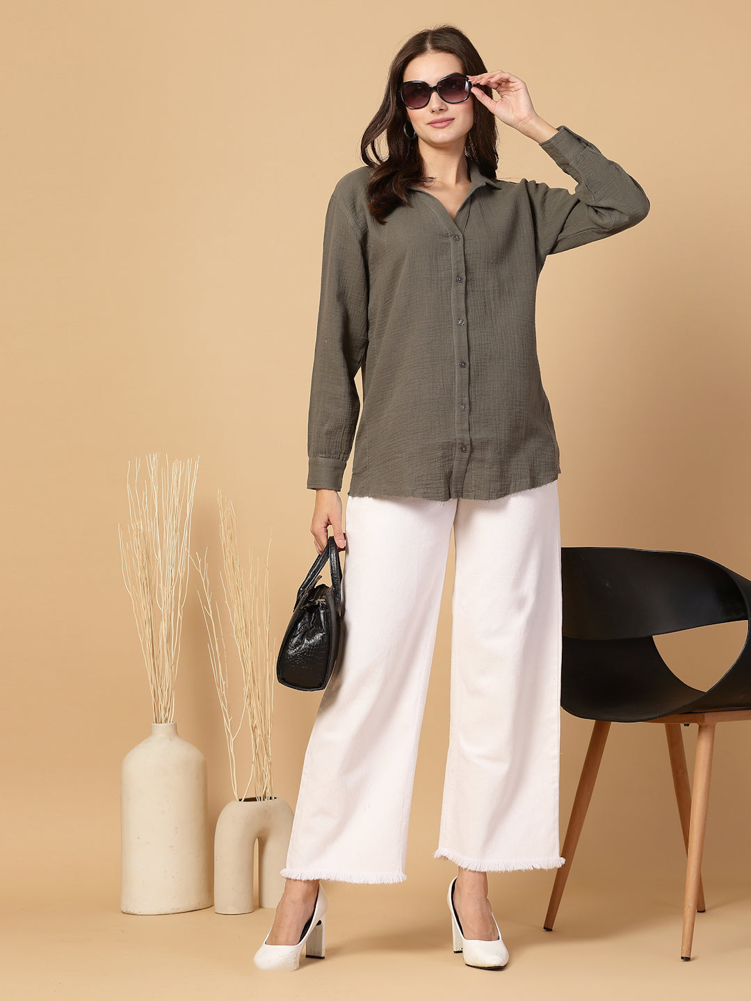 Women's Double Cloth Cotton Oversized Solid Casual Shirt for Women - Olive