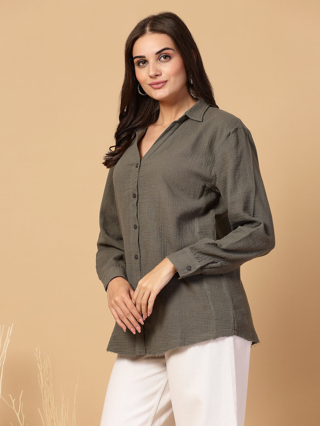 Women's Double Cloth Cotton Oversized Solid Casual Shirt for Women - Olive