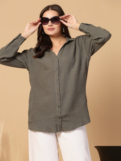 Women's Double Cloth Cotton Oversized Solid Casual Shirt for Women - Olive