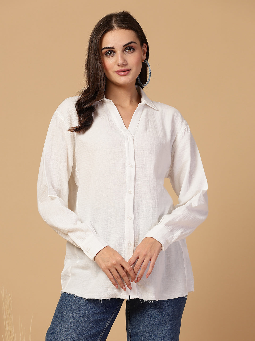 Women's Double Cloth Cotton Oversized Solid Casual Shirt for Women - White