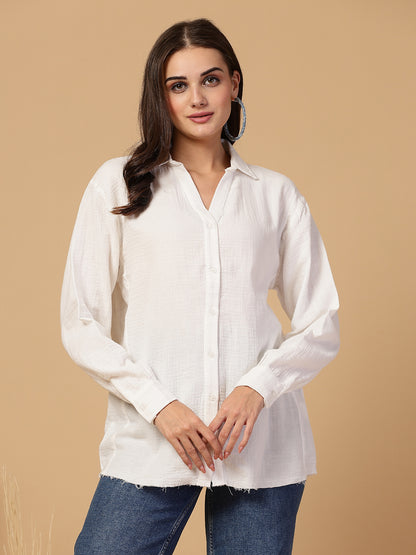 Women's Double Cloth Cotton Oversized Solid Casual Shirt for Women - White