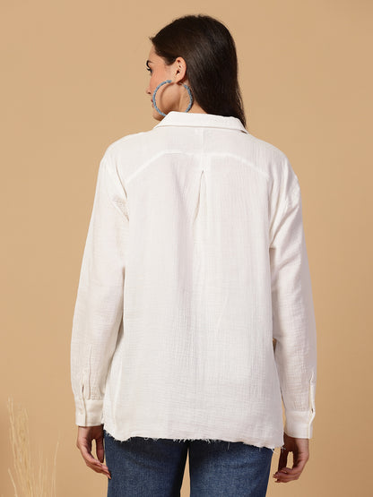 Women's Double Cloth Cotton Oversized Solid Casual Shirt for Women - White