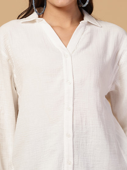 Women's Double Cloth Cotton Oversized Solid Casual Shirt for Women - White