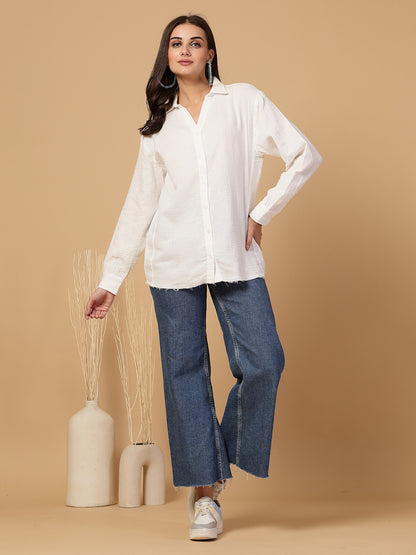Women's Double Cloth Cotton Oversized Solid Casual Shirt for Women - White