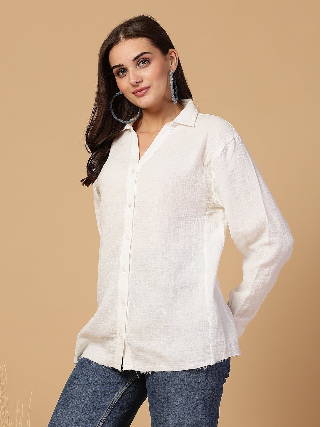 Women's Double Cloth Cotton Oversized Solid Casual Shirt for Women - White