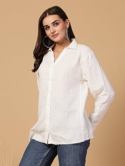 Women's Double Cloth Cotton Oversized Solid Casual Shirt for Women - White