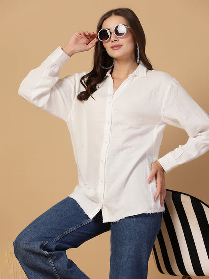 Women's Double Cloth Cotton Oversized Solid Casual Shirt for Women - White