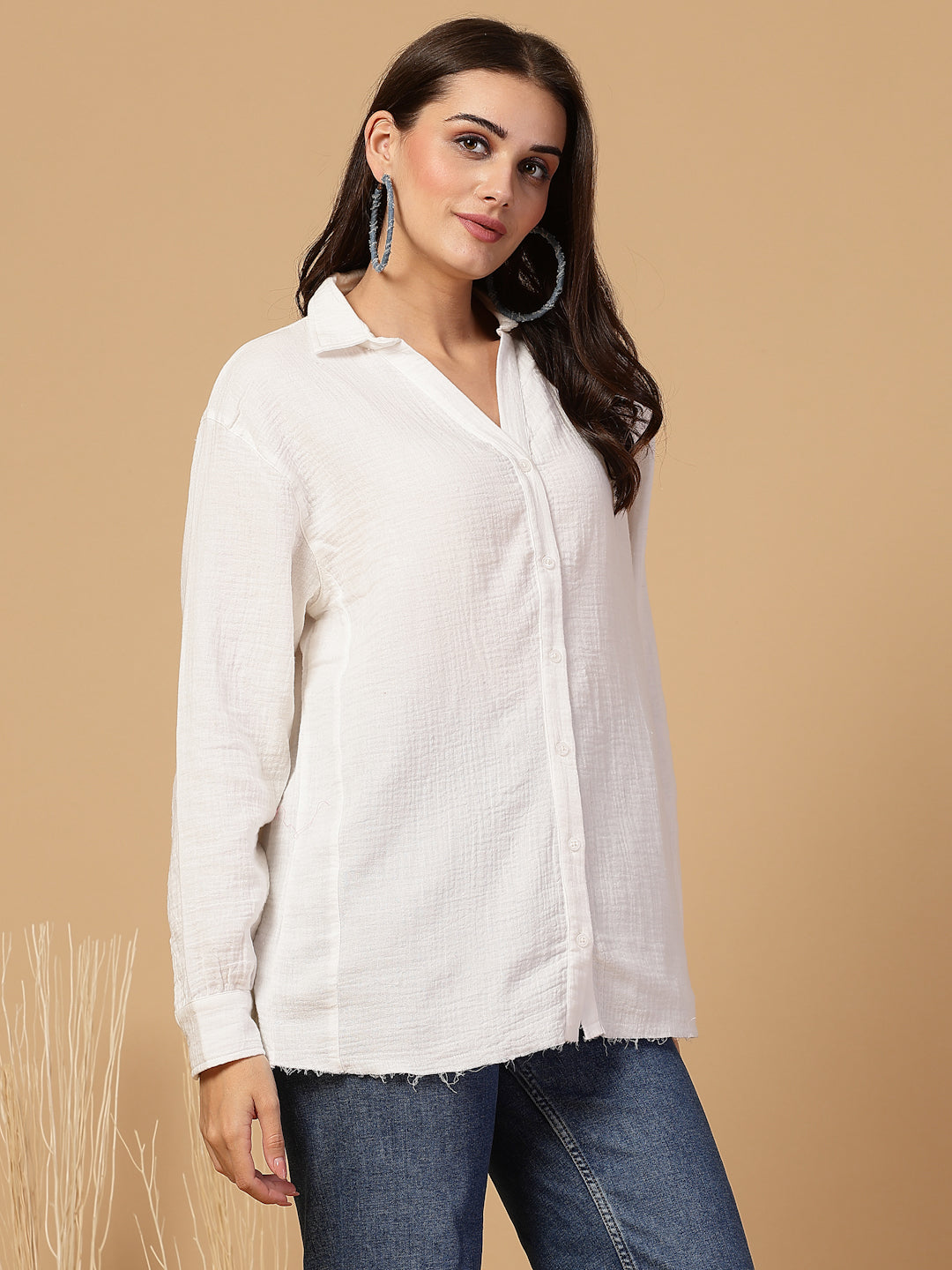 Women's Double Cloth Cotton Oversized Solid Casual Shirt for Women - White