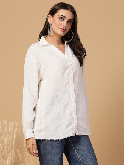 Women's Double Cloth Cotton Oversized Solid Casual Shirt for Women - White