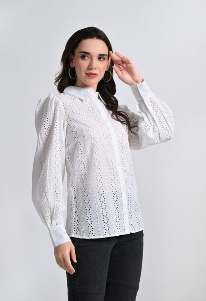 Women's White Cotton Full Sleeve Shirt